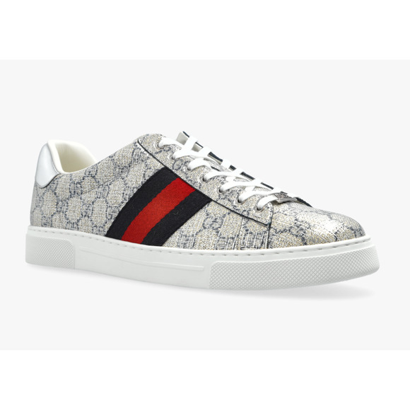 Gucci Ace GG Logo Supreme Canvas Beige Blue Silver Low Top Flat Sneaker G 14 15 - Picture 3 of 16